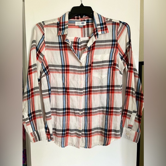Old Navy Women Top Medium Orange Plaid Flannel Long Sleeve Button Up Collar- Med - Picture 5 of 5